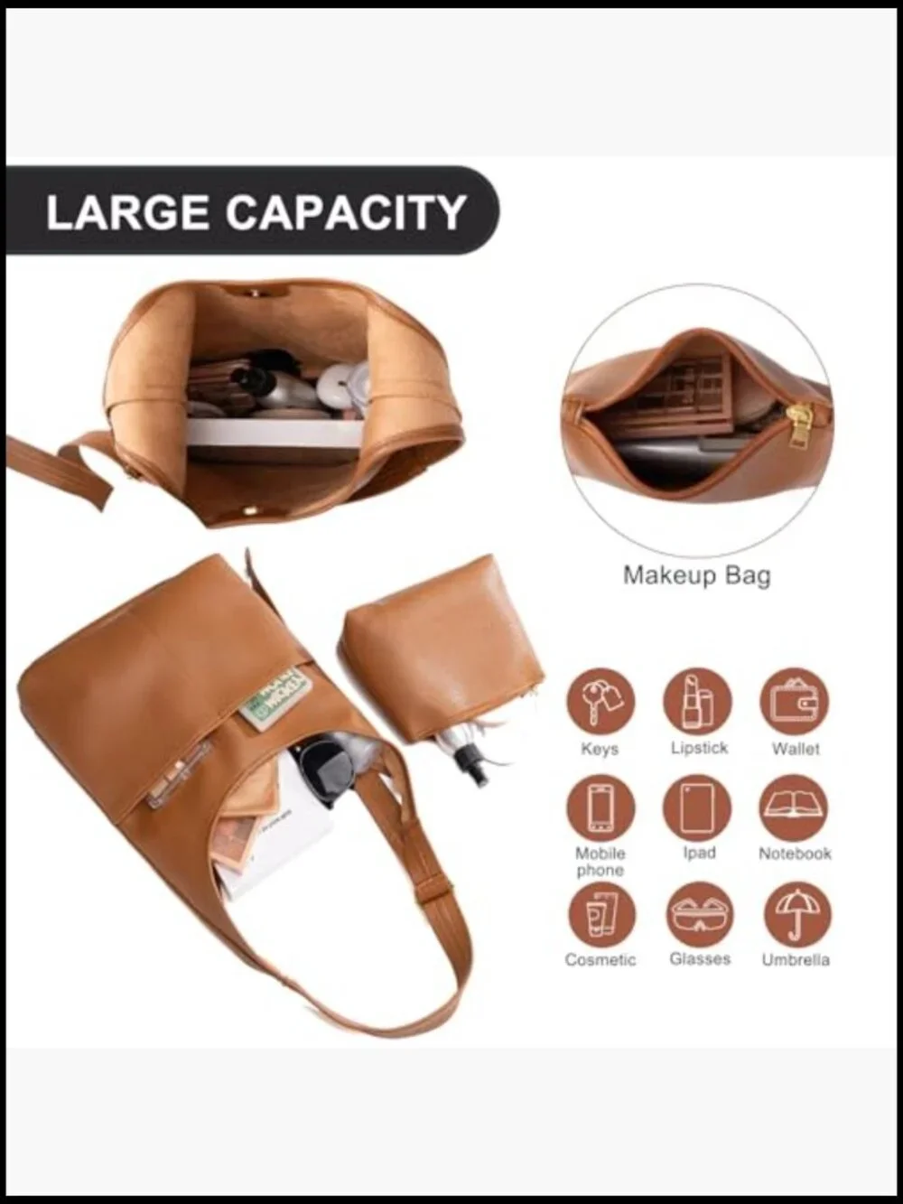 Slouchy Hobo Tote Bag Vegan Leather Zipper Closure Detachable Pouch Work Travel